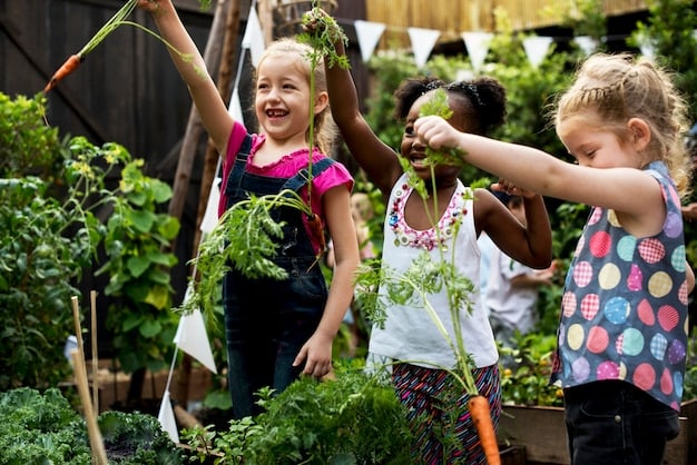 A group of children participating in a school-based program that promotes healthy eating and physical activity. The children are shown planting vegetables in a garden and engaging in outdoor games.