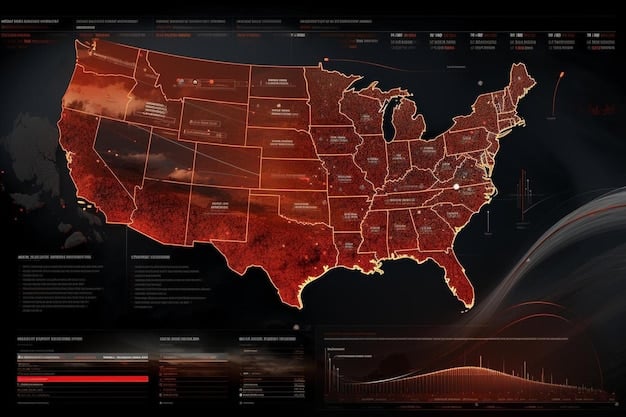 A geographical map of the United States with data overlays showing the prevalence of a specific health condition (e.g., diabetes, obesity) in different states or regions. Use color-coding to clearly visualize the varying levels of prevalence.