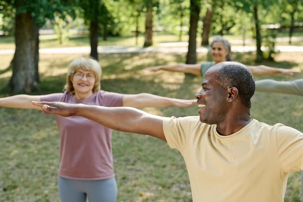 A group of seniors participating in a Tai Chi class in a park. The instructor is leading them through gentle movements, and they are all smiling and enjoying the exercise.