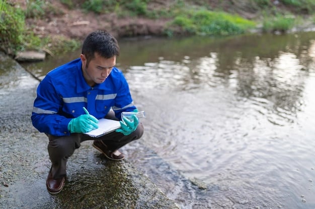 A scientist in protective gear collecting a water sample from a river, emphasizing the importance of water quality monitoring for public health.