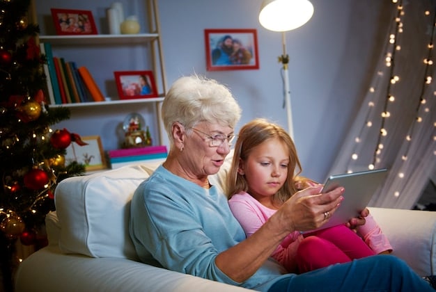 An older woman using a tablet to connect with family through a video call. The setting is a cozy living room, emphasizing the importance of social connection for older adults.
