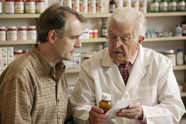 A pharmacist explaining medication instructions to an older man. The scene takes place in a pharmacy, highlighting the role of healthcare providers in supporting healthy aging.