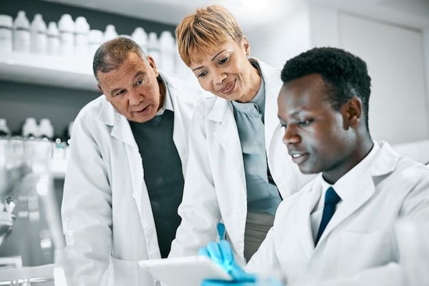 A group of scientists in a lab, working on vaccine research in partnership with a pharmaceutical company.