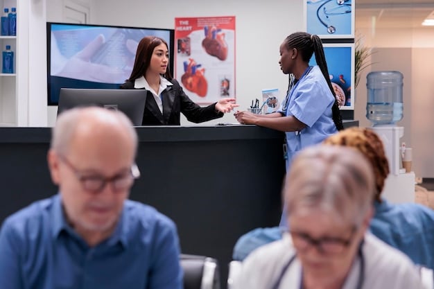 A diverse group of healthcare professionals collaborating around a large touchscreen display showing real-time health data visualizations and interactive maps. The setting is a modern public health command center.
