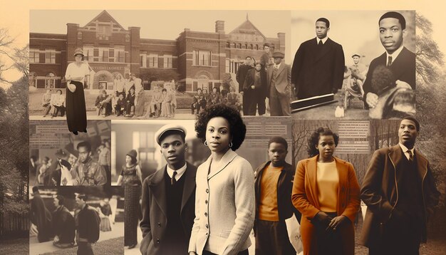 A collage showing various historical images representing racial segregation and discrimination in the United States, such as 
