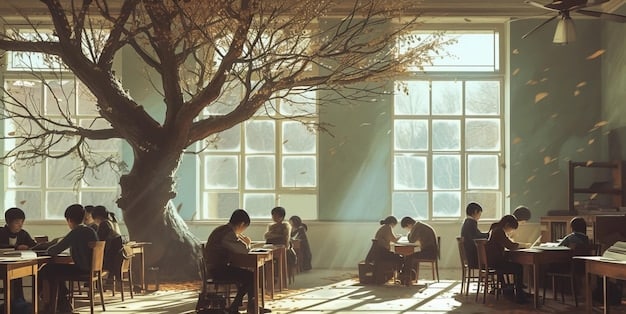 A split image showing one side with a classroom where diverse students are engaged in a discussion led by a teacher, and the other side with a group of protesters holding signs against the teaching of Critical Race Theory in schools.