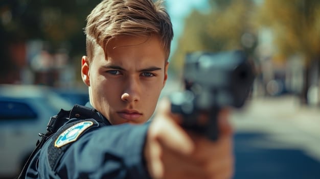 A close-up of a police officer wearing a body-worn camera, focused on the camera lens and the officer's uniform. The camera is clearly visible, suggesting its active role in recording police interactions.  The backdrop is blurred, highlighting the camera as the focal point.