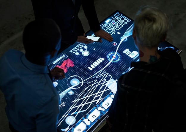 A digital display showing various algorithm designs being analyzed by a team of diverse AI experts. The screen highlights sections of code that could potentially cause bias. The scene is set in a modern AI research lab, emphasizing the analytical and problem-solving aspects of identifying and mitigating bias.