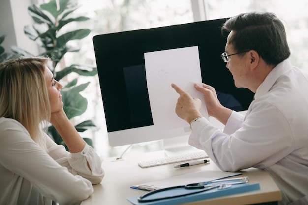 A doctor reviewing an AI-generated diagnostic report with a patient. The report shows a section highlighted as potentially biased due to the data used for training the AI. The setting is a modern clinic, conveying the use of AI in healthcare and the doctor's role in ensuring ethical medical practices.