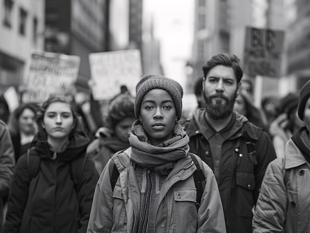 A black and white photograph of a group of civil rights activists peacefully protesting during the Civil Rights Movement in the United States, facing opposition from authorities.