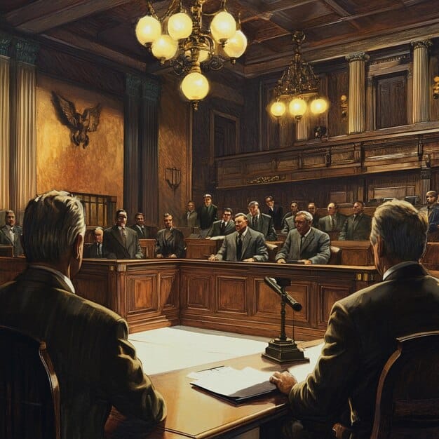 A courtroom scene with a judge and lawyers, focused on fairness and legal documents, illustrating the judicial process and equity considerations.