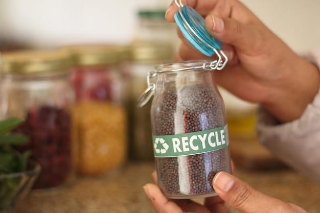 A close-up shot of a hand sorting recycling materials, with clear labels indicating different recycling categories (paper, plastic, glass, metal). The background is a brightly lit recycling facility, with workers in safety gear overseeing the process.