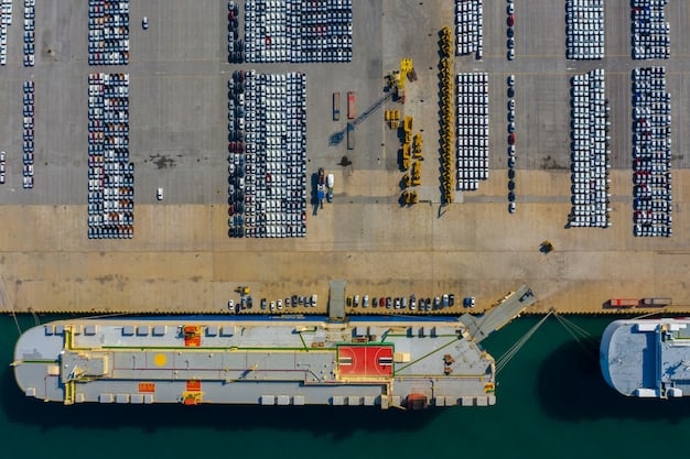An aerial view of a busy shipping port with numerous cranes loading and unloading cargo from container ships. In the background, the city skyline is visible, capturing the scale and importance of port operations for 'How Will the Proposed Infrastructure Bill Affect Transportation and Logistics Nationwide?'.
