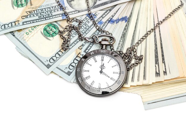 A clock with dollar bills scattered around it, representing overtime pay and wage regulations under the FLSA. The image highlights financial aspects and time management related to What You Need to Know About the Updated Fair Labor Standards Act in 2025.