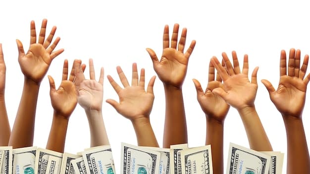 Three hands reaching for a ballot box, each holding different amounts of money. The first hand has a few small bills, the second has a stack of cash, and the third has a credit card, visualizing the different levels of financial influence in elections and the discussion of Understanding the Proposed Changes to Campaign Finance Laws: What It Means for Elections.