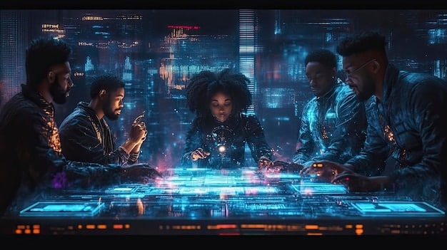 A diverse group of people working collaboratively on a holographic display showing AI algorithms and data patterns. The scene emphasizes teamwork and ethical considerations in AI development.