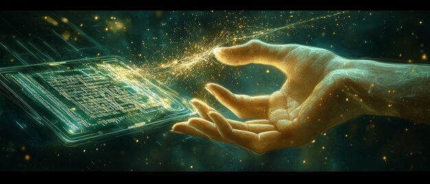 A hand holding a glowing circuit board, with binary code flowing through its connections. The image represents the balance between technological advancement and ethical control in AI development.