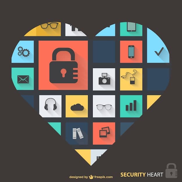 A stylized graphic depicting a shield with a padlock inside, surrounded by icons representing various types of personal data (credit card, address, email). The colors are muted blues and grays to convey security. Text overlay: 