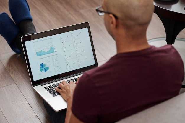 A person analyzing data on a laptop, with charts and graphs on the screen, symbolizing data-driven decisions and meticulous evaluation.