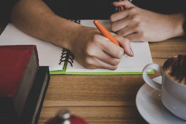 A close-up shot of a hand writing notes in a notebook during a brainstorming session for a community project. Markers, sticky notes, and other planning materials are scattered around, conveying the collaborative and creative process.