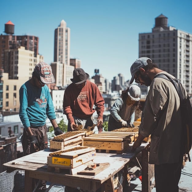 Volunteers and business employees working side-by-side on a construction project for the community, showcasing the practical collaboration involved in The Power of Collaboration: How Partnering with Local Businesses Can Double the Reach of Your Community Action Project. The location is a visible community hub.