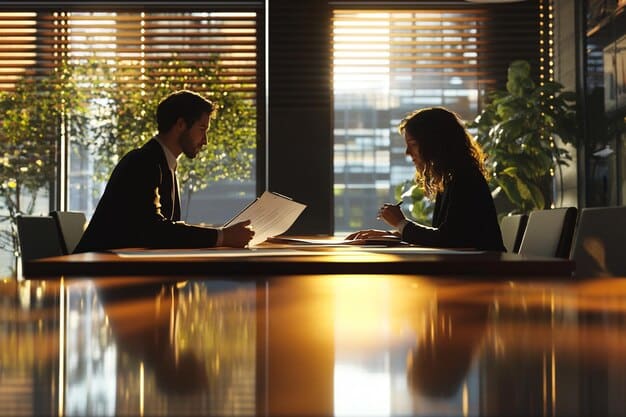 Two professionals are in a brightly lit office having an interview. One is taking notes and the other is gesturing while speaking and smiling calmly. One is a woman. The overall impression is one of professionalism and good rapport. This image supports Building a Strong Board: Recruiting and Retaining Talented Individuals to Guide Your Community Action Project.