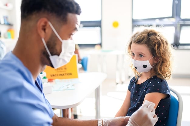A medical professional administering a vaccine to a child in a community health clinic. The setting is clean and welcoming, symbolizing accessible and equitable healthcare services. The child and parent are smiling, showing trust and satisfaction. This image is relevant to How Will the Updated 2025 National Public Health Initiatives Affect Your Community's Well-being?.