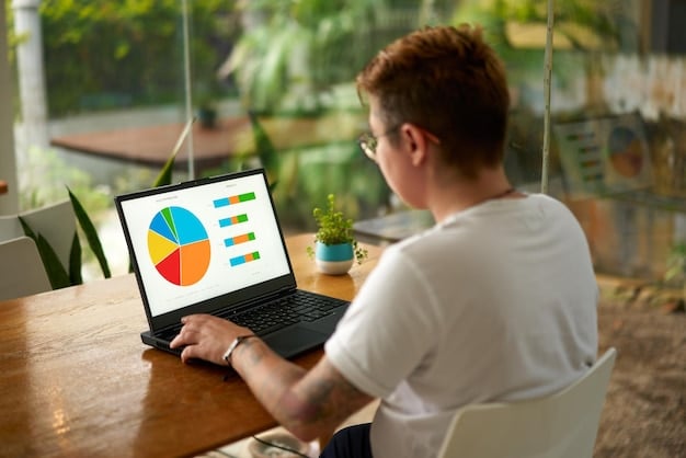 A person working at their laptop doing data entry for community health program stats. Pie charts are graphs cover the screen.