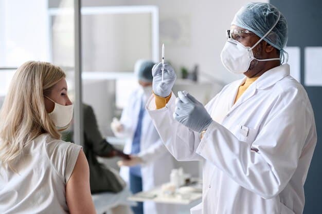 A group of scientists in a lab working on developing a vaccine during a pandemic. They are wearing protective gear and using advanced equipment, reflecting the importance of scientific innovation in responding to public health crises. The scene emphasizes 'The Role of Public Health in Emergency Preparedness: Lessons Learned and Future Strategies' in mitigating the impact of outbreaks.