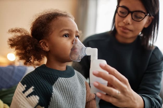 A close-up of a child using an inhaler, symbolizing the respiratory problems caused by air pollution and the vital role of 'Improving Air Quality: Public Health Initiatives Aiming for a 10% Reduction in Pollution-Related Illnesses by 2026' in protecting vulnerable populations.
