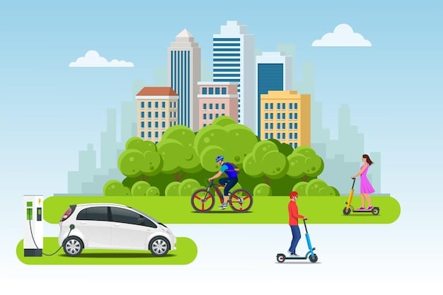 A street with electric vehicles charging and people cycling with clean air in the background, showcasing the concept of clean transportation and 'Improving Air Quality: Public Health Initiatives Aiming for a 10% Reduction in Pollution-Related Illnesses by 2026' through sustainable practices.