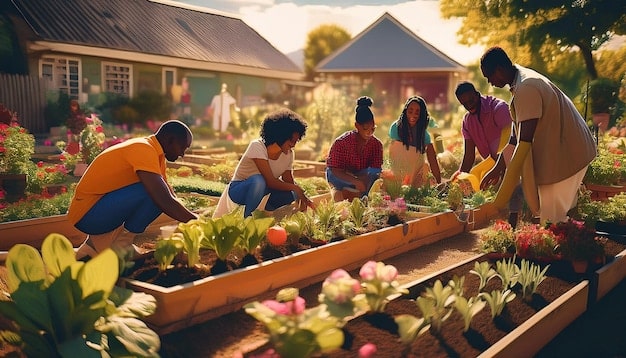 A vibrant community garden with diverse residents tending to vegetable plots, highlighting the role of community-based nutrition programs in promoting healthy eating habits and access to affordable food.