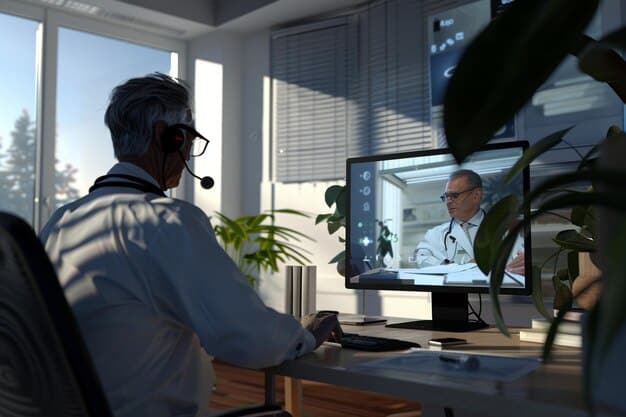 A doctor in a modern office setting, conducting a virtual consultation with a patient on a tablet. The background features a smart display showing real-time health data and interactive medical visualizations, illustrating the integration of telehealth and digital health in The Future of Public Health: Innovations and Technologies Transforming Healthcare Delivery in 2025.