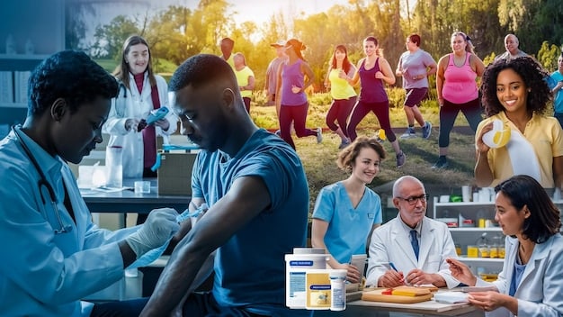 A diverse group of people participating in a community health fair, receiving health screenings and information. This image represents efforts to address health disparities and promote health equity. The context represents The Economic Benefits of Public Health in action.