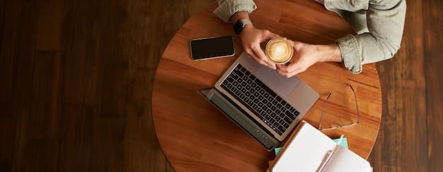 A researcher meticulously filling out a grant application form on a laptop, surrounded by research papers and a cup of coffee, representing the detailed work involved in grant writing.