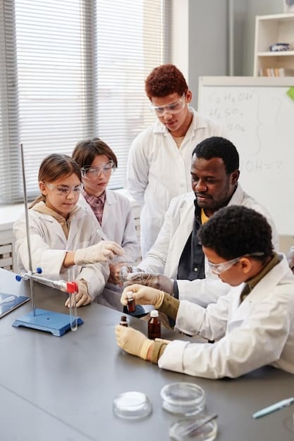 A diverse group of young scientists collaborating in a bright, modern research lab, highlighting inclusivity and teamwork in scientific discovery.