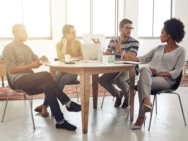 A diverse group of people sitting at a table, engaged in a lively discussion about affirmative action policies. The image should convey a sense of collaboration and open dialogue, but also disagreement and differing perspectives. Visualizing How Will the 2025 Supreme Court Rulings Impact Affirmative Action Debates.
