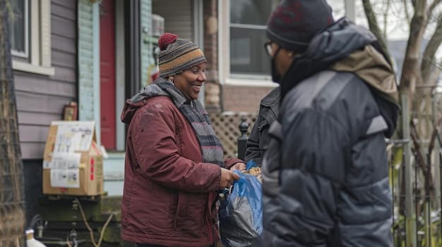 A community outreach worker helping a homeless individual find shelter and resources. The scene shows a caring interaction, emphasizing the positive impact of reallocated funds on addressing social issues. This image relates directly to Debating the Merits of Defunding the Police: What are the Alternatives and Potential Outcomes? by illustrating a practical alternative approach.