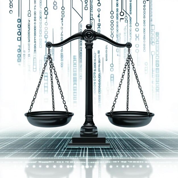 A balanced scale with algorithmic code on one side and the scales of justice on the other. This scene is to highlight the ethical dimensions of AI and fair algorithms, emphasizing Debating the Ethics of Artificial Intelligence: How Can We Ensure AI Systems are Free from Bias and Discrimination?.