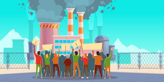 A group of people protesting against the construction of a polluting factory in their neighborhood. They are holding signs and banners with slogans demanding environmental justice. The scene is set in a low-income urban area. This image highlights the environmental racism and social injustice that exacerbates the Examining the Impact of Climate Change on Social Justice: How are Vulnerable Communities Disproportionately Affected?.