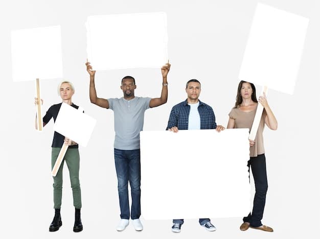 A diverse group of people standing in line to vote, holding signs that read 