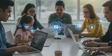 Families and individuals connected to the internet, symbolizing affordable broadband access