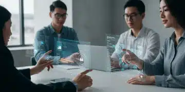 2025 AI Impact on Government Digital Services: Citizen Updates Citizens interacting with futuristic AI-powered government digital services