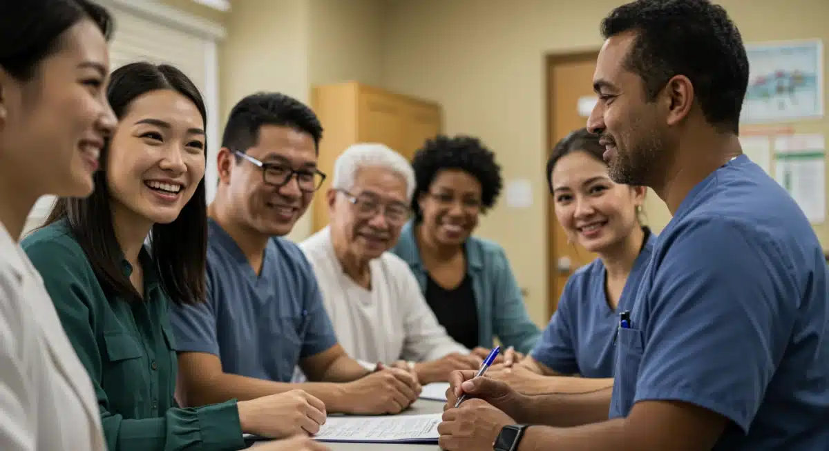 Diverse community members receiving healthcare services, representing improved access through Medicaid expansion.