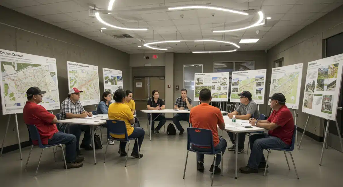 Community members discussing local infrastructure improvements at a public meeting, emphasizing transparency and engagement.