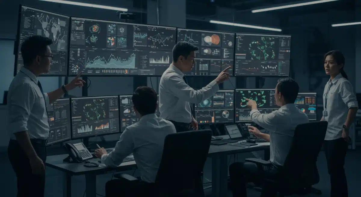 Cybersecurity experts collaborating in a control room, analyzing digital threats