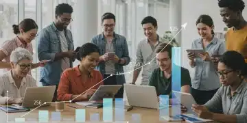 Diverse citizens engaging with digital technology, symbolizing digital inclusion and economic growth.