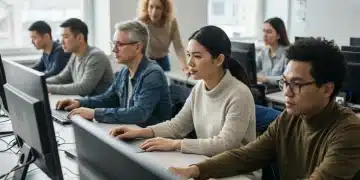 Diverse adults learning new skills in a modern classroom setting