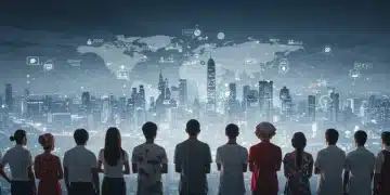 Diverse group looking at integrated city skyline, symbolizing reduced barriers