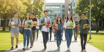Diverse students walking on a university campus, symbolizing educational opportunity.